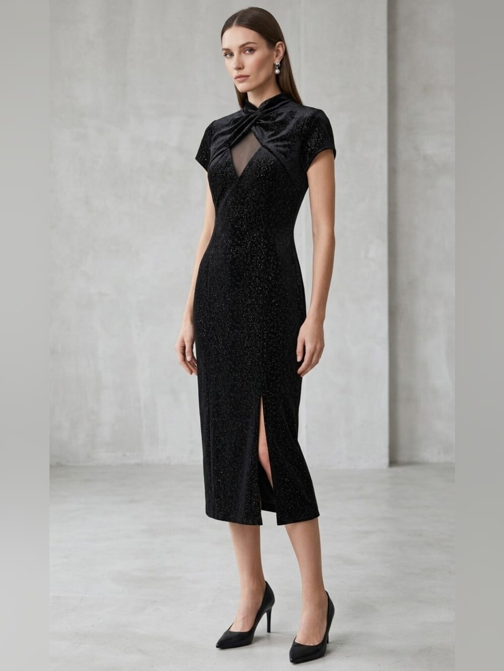 Betsy & Adam Black Sparkly 90's Midi Dress Short Slevees Cocktail Romantic